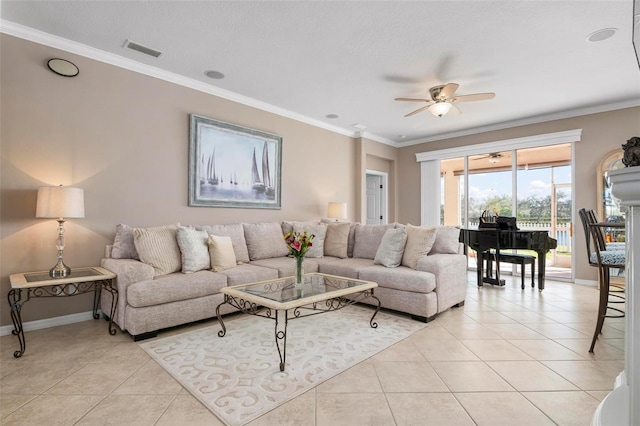 tiled living room with ceiling fan, crown molding, and a textured ceiling