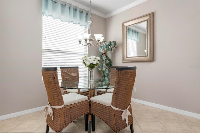 tiled dining space featuring a chandelier and crown molding