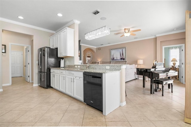 kitchen with dishwasher, stainless steel fridge with ice dispenser, white cabinets, and light stone counters