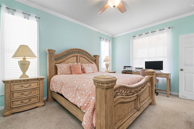 bedroom with ceiling fan, light colored carpet, and ornamental molding