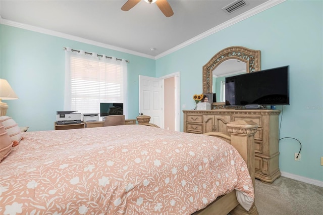 bedroom featuring ceiling fan, carpet, and ornamental molding