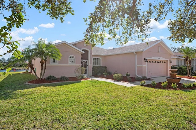 ranch-style house with a garage and a front yard