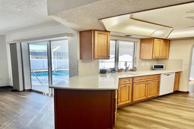 kitchen featuring dishwasher, a textured ceiling, light wood-type flooring, and tasteful backsplash