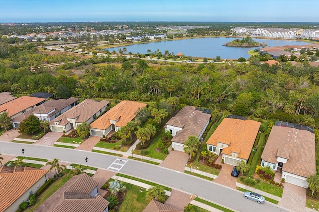 drone / aerial view with a water view