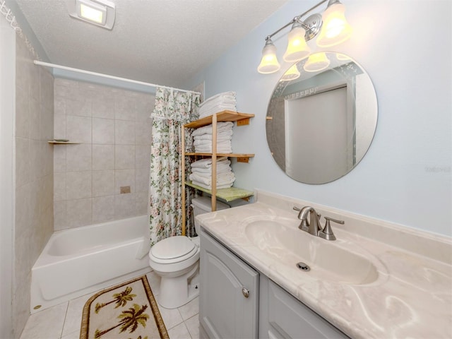 full bathroom with a textured ceiling, shower / tub combo with curtain, tile patterned flooring, toilet, and vanity