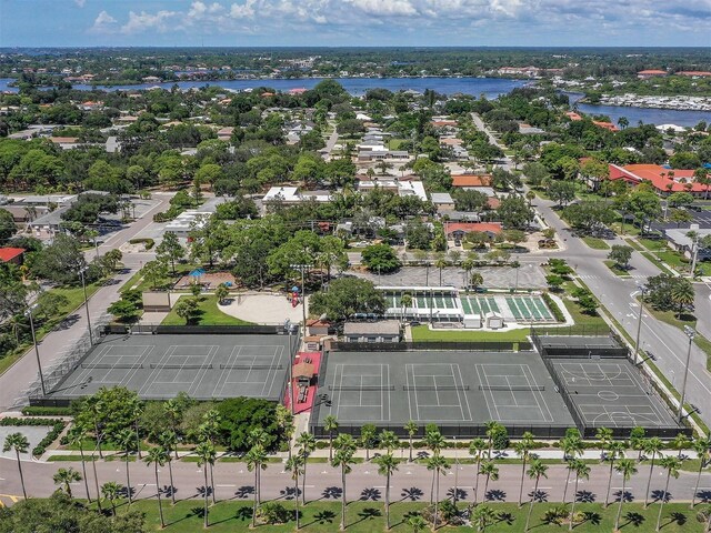 birds eye view of property featuring a water view