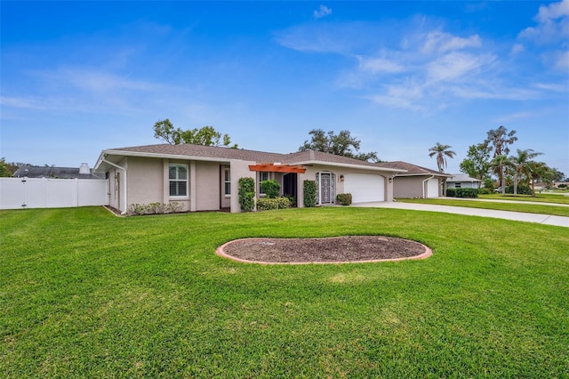 single story home with a front lawn and a garage