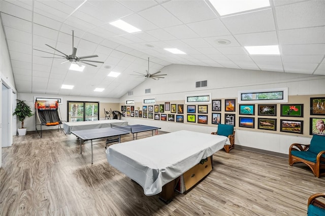 rec room with ceiling fan, hardwood / wood-style floors, a drop ceiling, and pool table