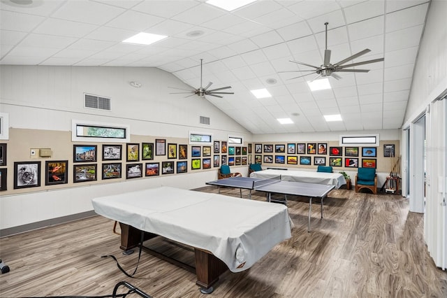 rec room featuring a paneled ceiling, hardwood / wood-style flooring, ceiling fan, and pool table