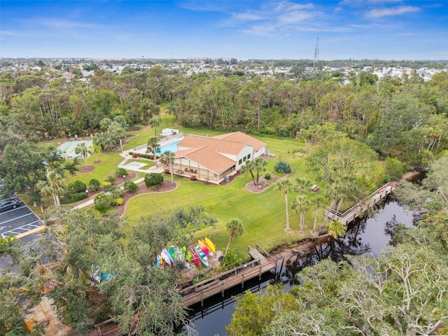 bird's eye view with a water view