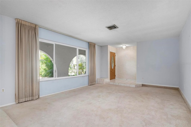 unfurnished room featuring light carpet and a textured ceiling