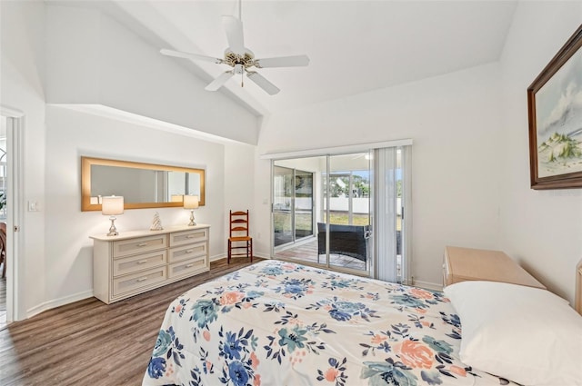 bedroom with ceiling fan, wood-type flooring, access to outside, and vaulted ceiling