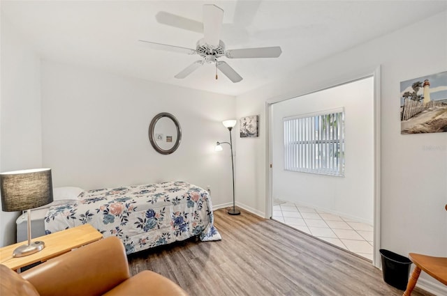 bedroom featuring ceiling fan and light hardwood / wood-style floors