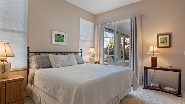 carpeted bedroom with access to exterior and a textured ceiling