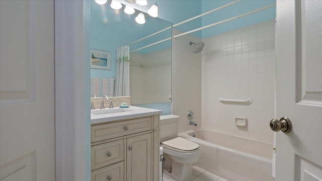 full bathroom featuring tile patterned flooring, vanity, toilet, and shower / tub combo with curtain