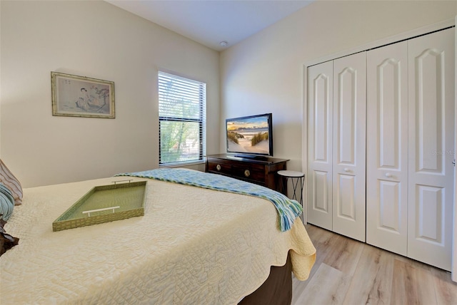 bedroom with light hardwood / wood-style flooring and a closet