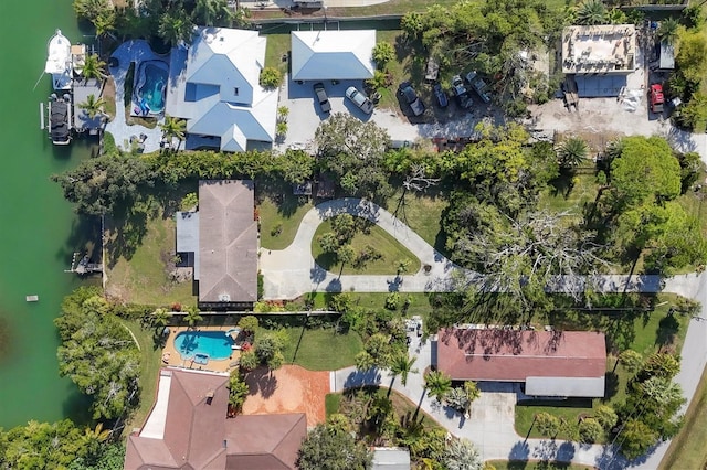 bird's eye view with a water view