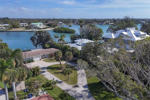 drone / aerial view featuring a water view