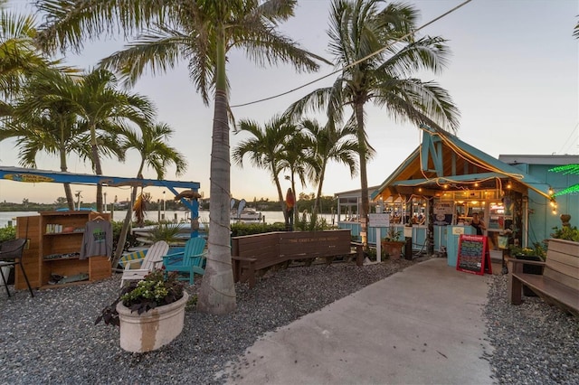 view of patio terrace at dusk