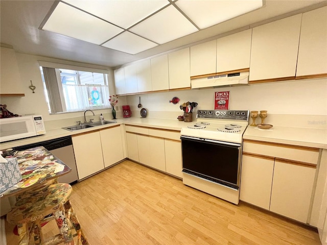 kitchen with electric range, sink, stainless steel dishwasher, and light hardwood / wood-style flooring