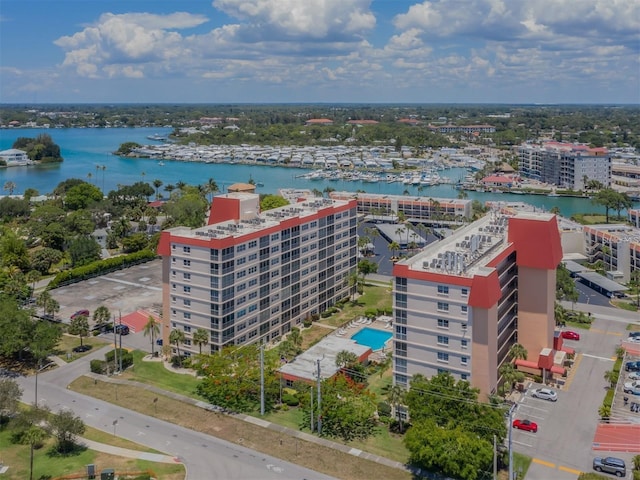 drone / aerial view with a water view