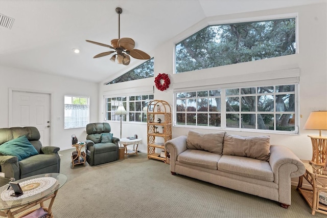 living room featuring ceiling fan, carpet, and high vaulted ceiling