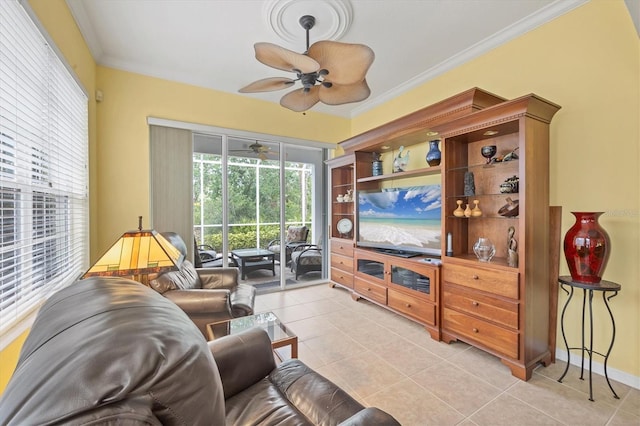 tiled living room with crown molding