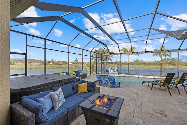 view of patio / terrace with a pool with hot tub, glass enclosure, an outdoor living space with a fire pit, and a water view