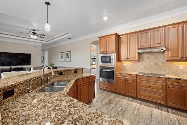 kitchen featuring appliances with stainless steel finishes, tasteful backsplash, crown molding, light stone counters, and sink