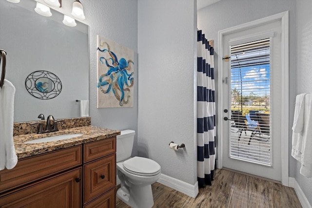 bathroom featuring hardwood / wood-style flooring, toilet, and vanity