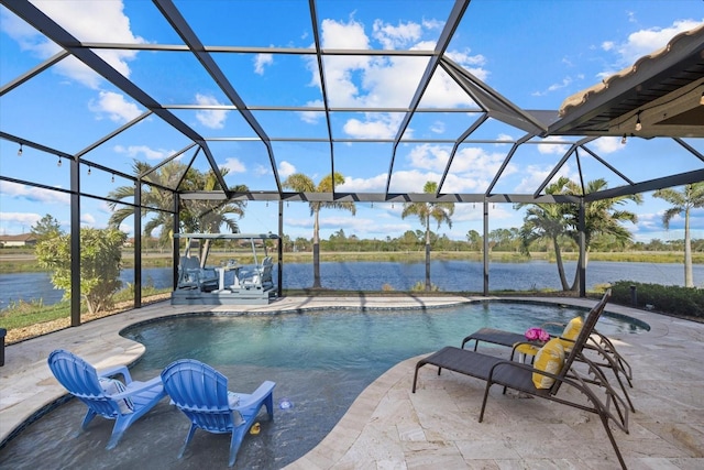 view of swimming pool with a water view, a hot tub, a patio area, and glass enclosure