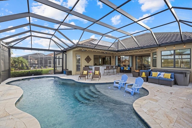 view of swimming pool featuring an outdoor living space, exterior bar, and glass enclosure