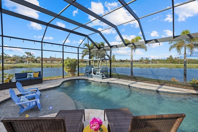 view of swimming pool featuring a lanai, a water view, and a patio