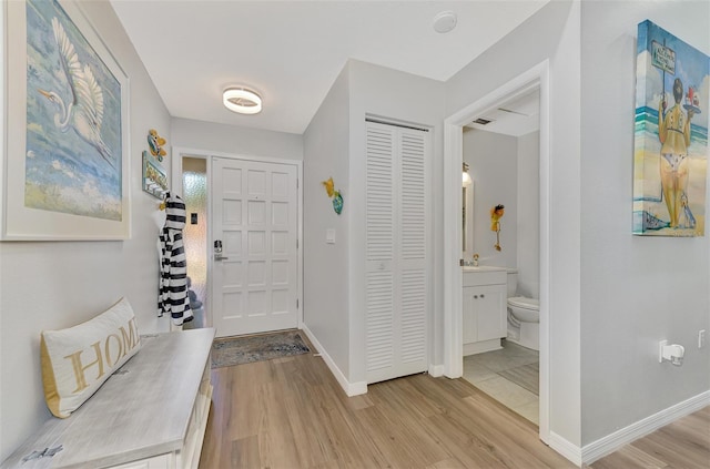 foyer entrance with sink and light hardwood / wood-style flooring