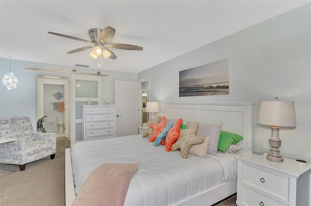 bedroom with ceiling fan and carpet flooring