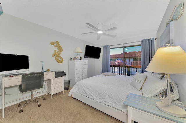 bedroom featuring ceiling fan and light carpet