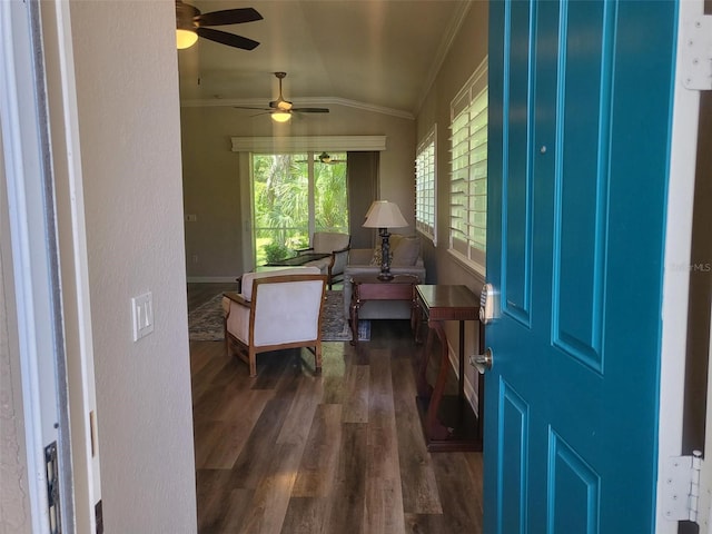 201 Auburn Woods Cir, Venice, FL 34292 - entrance foyer featuring vaulted ceiling, crown molding, dark wood-style floors, and a ceiling fan