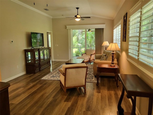 201 Auburn Woods Cir, Venice, FL 34292 - living room featuring ceiling fan, wood finished floors, lofted ceiling, and crown molding