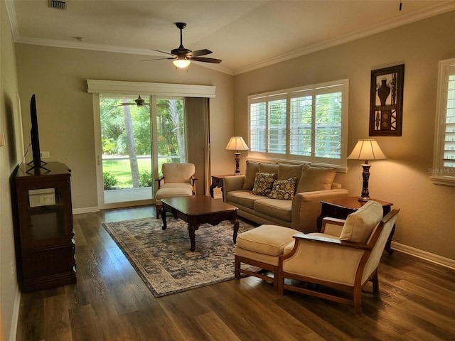 201 Auburn Woods Cir, Venice, FL 34292 - living room featuring a ceiling fan, wood finished floors, ornamental molding, and lofted ceiling