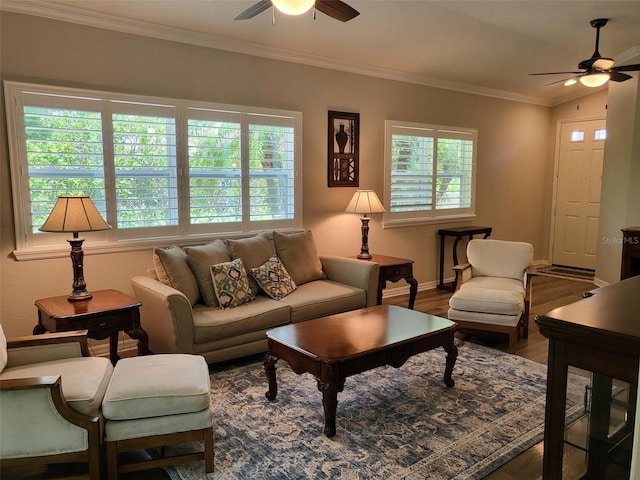201 Auburn Woods Cir, Venice, FL 34292 - living room featuring a ceiling fan, crown molding, and wood finished floors
