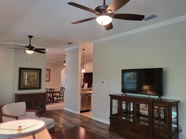 201 Auburn Woods Cir, Venice, FL 34292 - living area featuring ceiling fan, wood finished floors, and crown molding