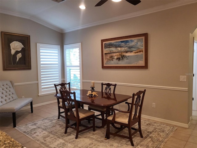 201 Auburn Woods Cir, Venice, FL 34292 - dining space featuring light tile patterned floors, crown molding, a ceiling fan, and lofted ceiling
