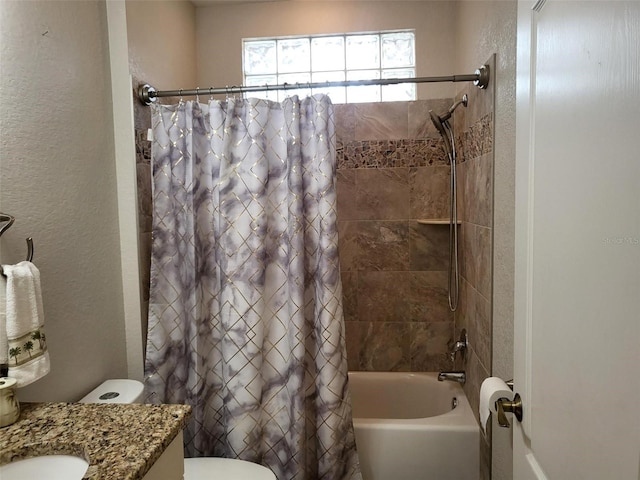 201 Auburn Woods Cir, Venice, FL 34292 - bathroom with shower / bathtub combination with curtain, vanity, and a textured wall