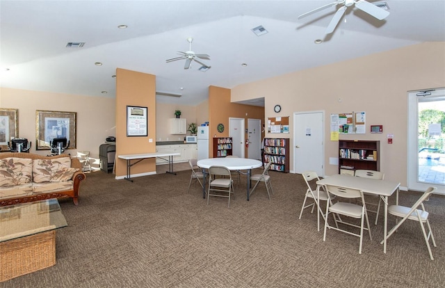 201 Auburn Woods Cir, Venice, FL 34292 - carpeted dining area featuring ceiling fan and high vaulted ceiling