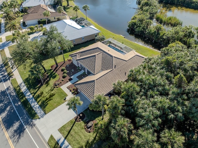 drone / aerial view featuring a water view