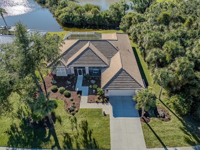 aerial view featuring a water view