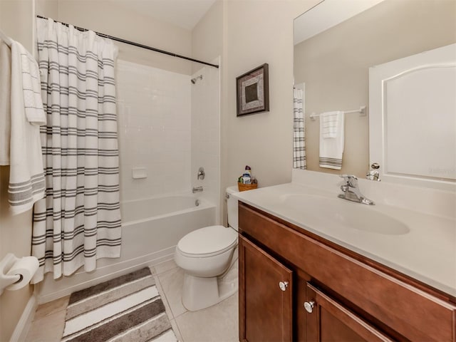 full bathroom with shower / tub combo, vanity, tile patterned floors, and toilet