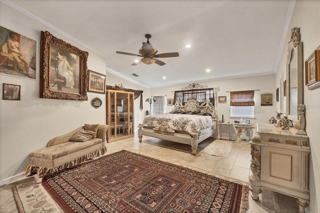 tiled bedroom with ceiling fan, vaulted ceiling, and ornamental molding