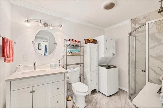 bathroom featuring stacked washer / drying machine, vanity, toilet, ornamental molding, and an enclosed shower