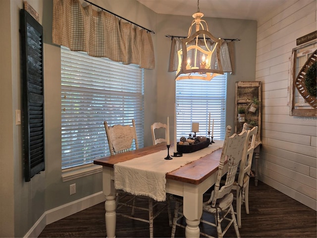 dining area with wood walls and dark hardwood / wood-style floors